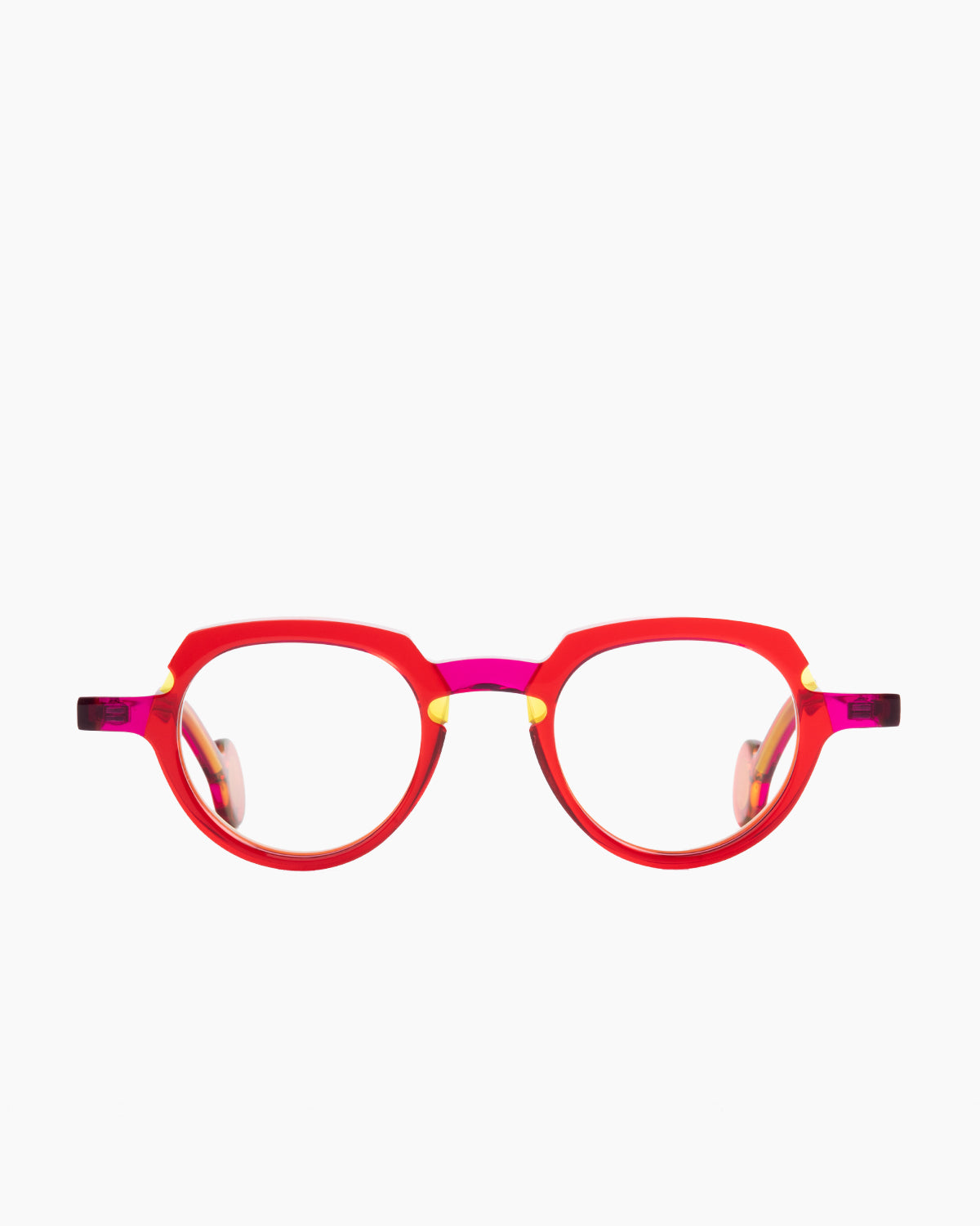 red plastic oval eyeglasses by Theo model andy, front view, lunettes de vue rouge ovale