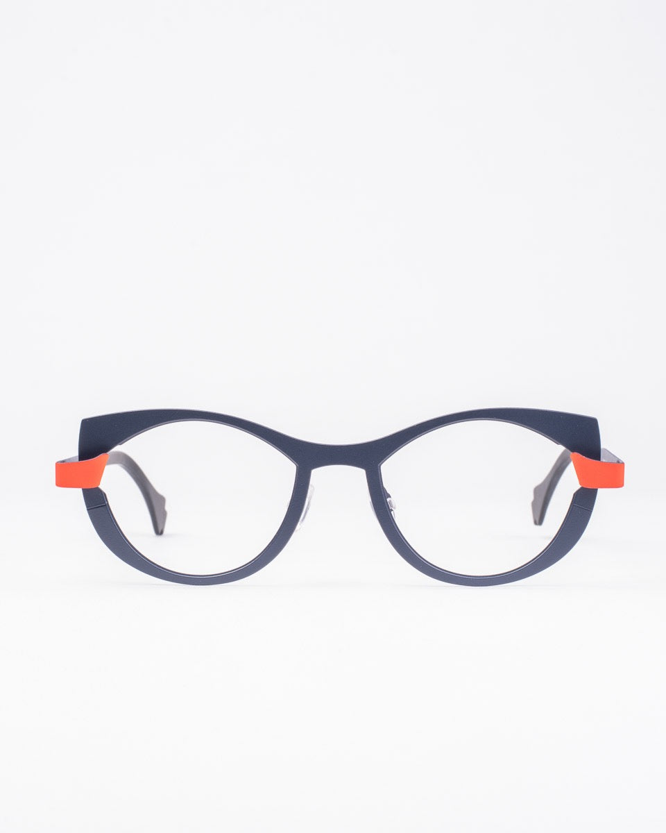 blue metal oval eyeglasses by Theo model plooi, front view, lunettes de vue Bleu 