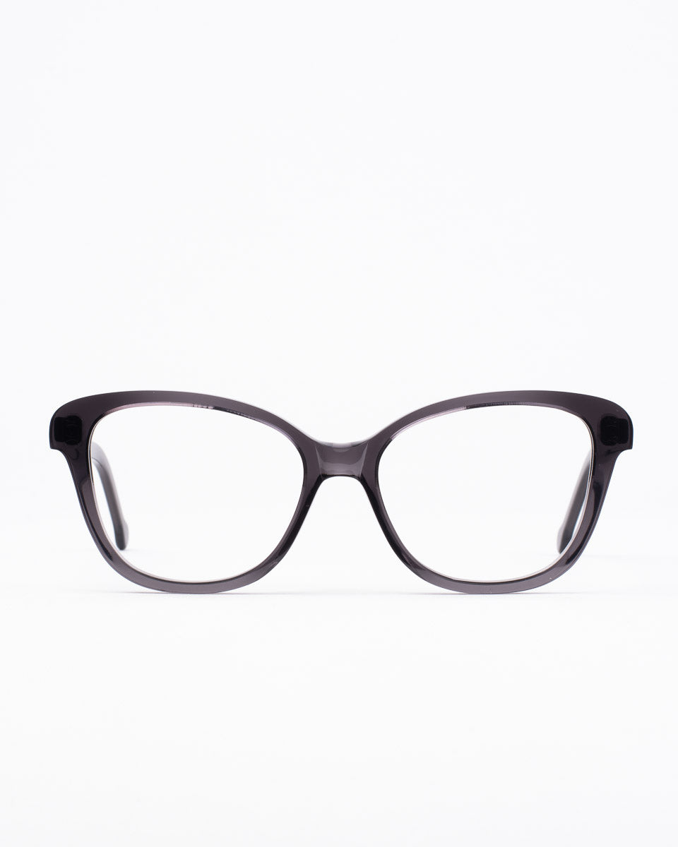 grey plastic butterfly eyeglasses by Marie-Sophie Dion model Lamy, front view, lunettes de vue Gris papillon