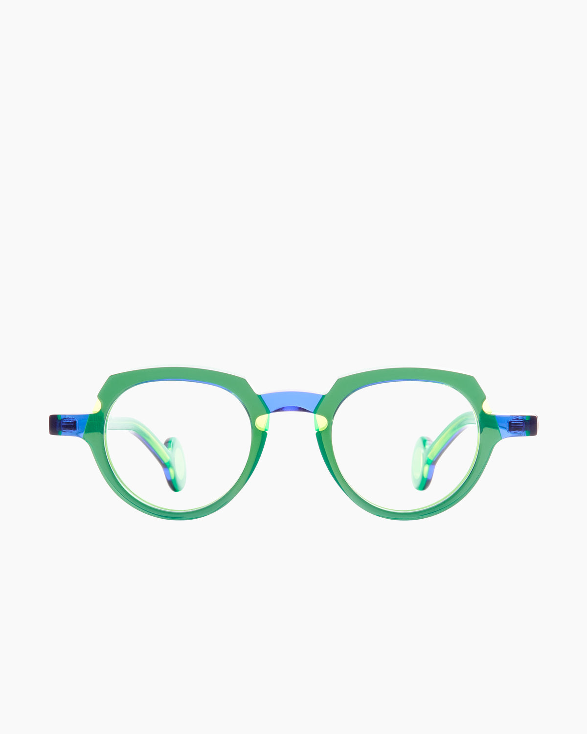 green plastic oval eyeglasses by Theo model andy, front view, lunettes de vue ovale couleur vert
