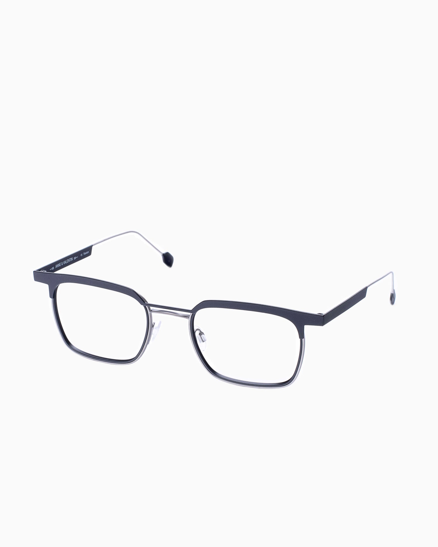 black metal rectangle eyeglasses by Anne et Valentin model Recover, front view, lunettes de vue Noir rectangle