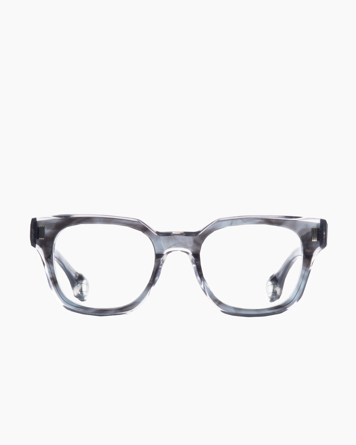 grey plastic rectangle eyeglasses by Blake Kuwahara model kesling, front view, lunettes de vue gris rectangle