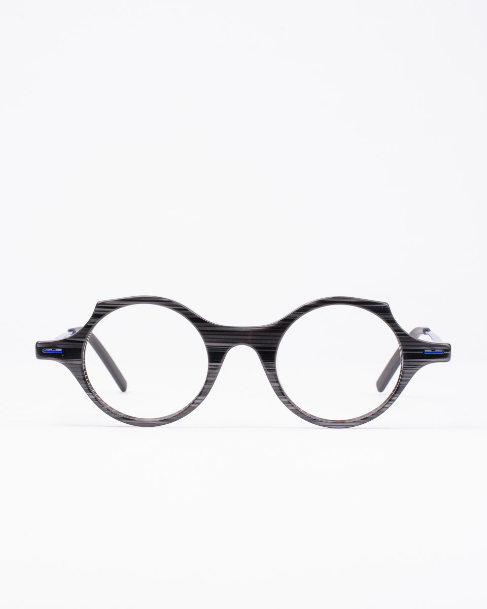 grey plastic round eyeglasses by Theo model patatas, front view, lunettes de vue Gris rond