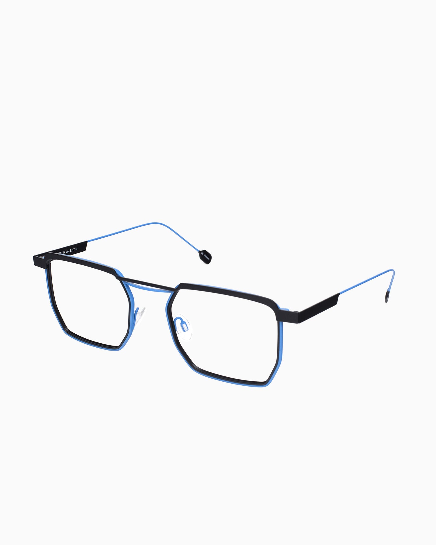 blue metal rectangle eyeglasses by Anne et Valentin model Reline, front view, lunettes de vue Bleu rectangle