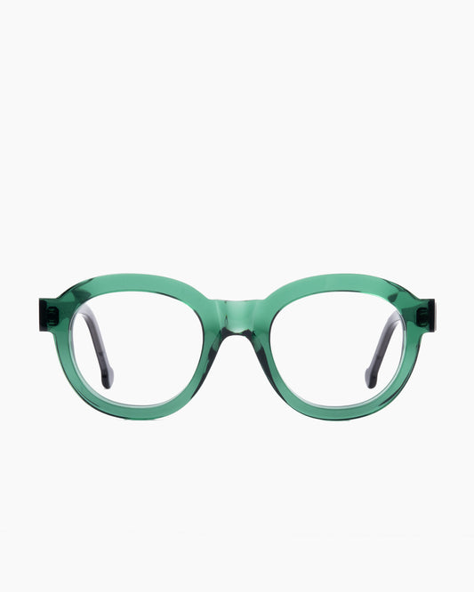green plastic round eyeglasses by Marie-Sophie Dion model Claude, front view, lunettes de vue rond couleur vert