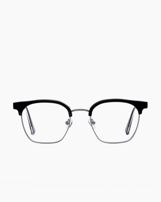 black metal rectangle eyeglasses by Evolve model Woodrow, front view, lunettes de vue rectangle couleur noir