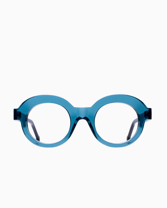 blue plastic round eyeglasses by Marie-Sophie Dion model Latraverse1, front view, lunettes de vue rond couleur Bleu