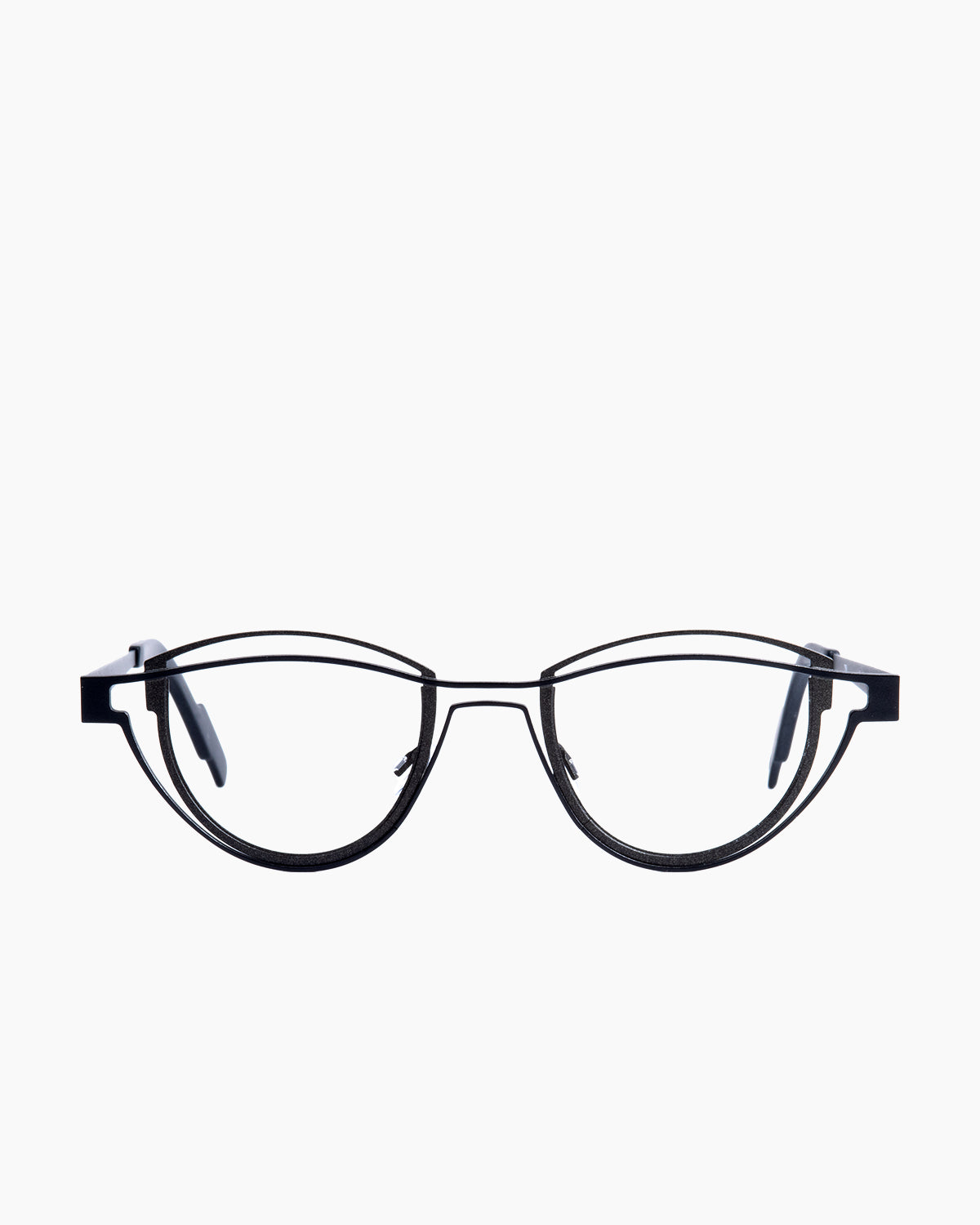 black metal cat eyeglasses by Theo model shape, front view, lunettes de vue Noir chat