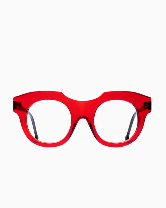 red plastic round eyeglasses by Marie-Sophie Dion model Genest, front view, lunettes de vue rond couleur Rouge