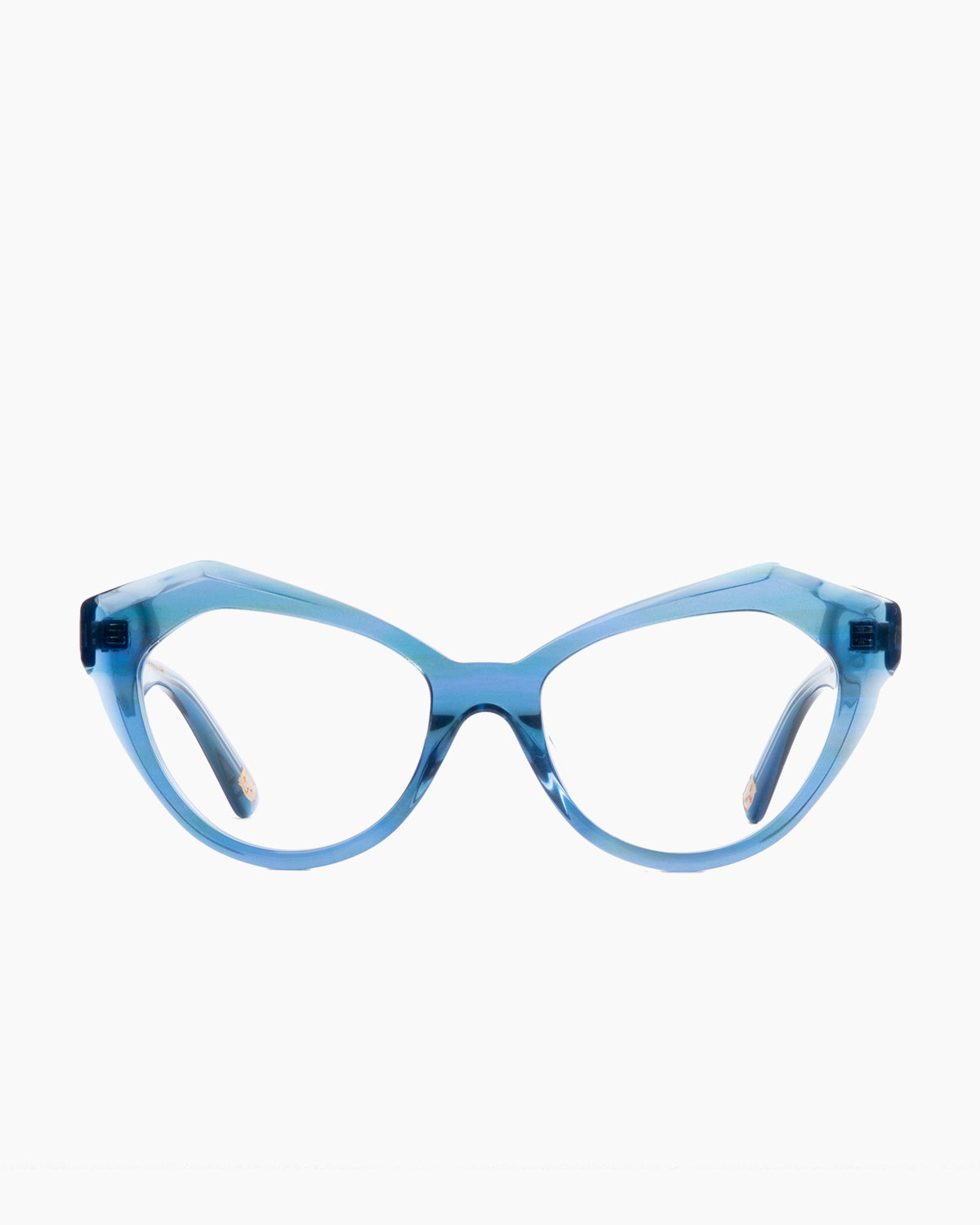 blue plastic cat eyeglasses by Spectacleeyeworks model Ayalah, front view, lunettes de vue Bleu chat