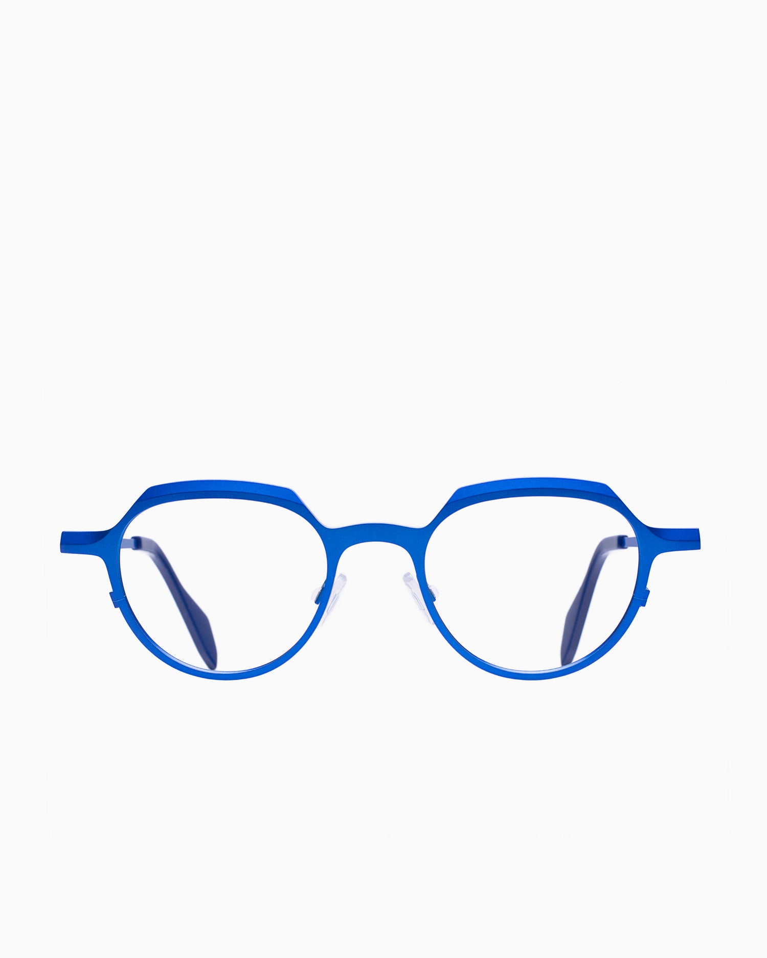 blue metal round eyeglasses by Theo model Obus, front view, lunettes de vue rond couleur Bleu