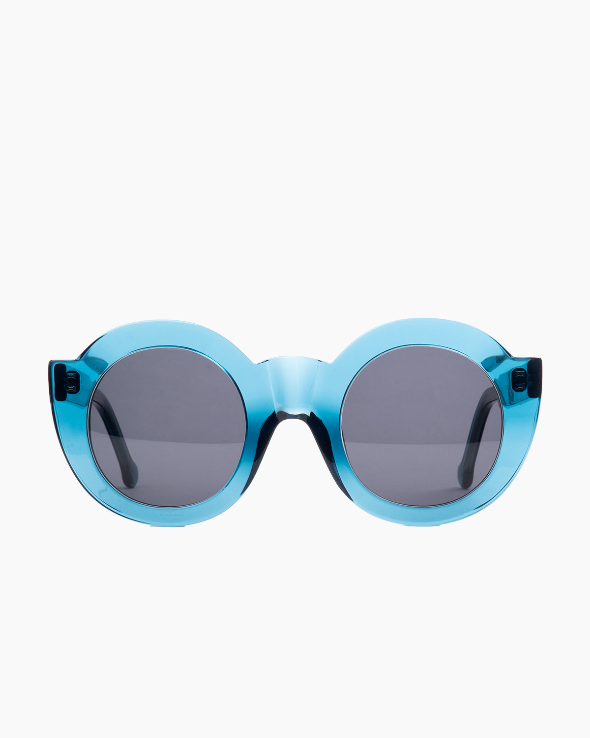 blue plastic round  sunglassesby Marie-Sophie Dion model CollSun, front view, lunettes de vue Bleu rond