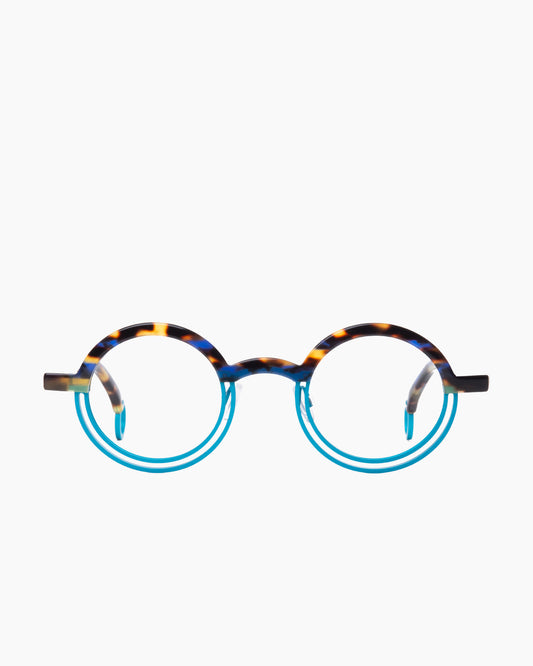 blue metal round eyeglasses by Theo model kicker, front view, lunettes de vue rond couleur bleu
