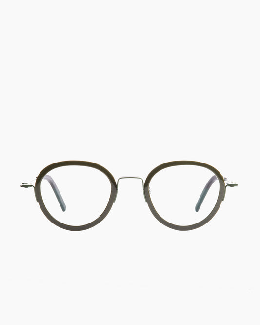green metal round eyeglasses by Theo model STAMPPOT, front view, lunettes de vue rond couleur Vert