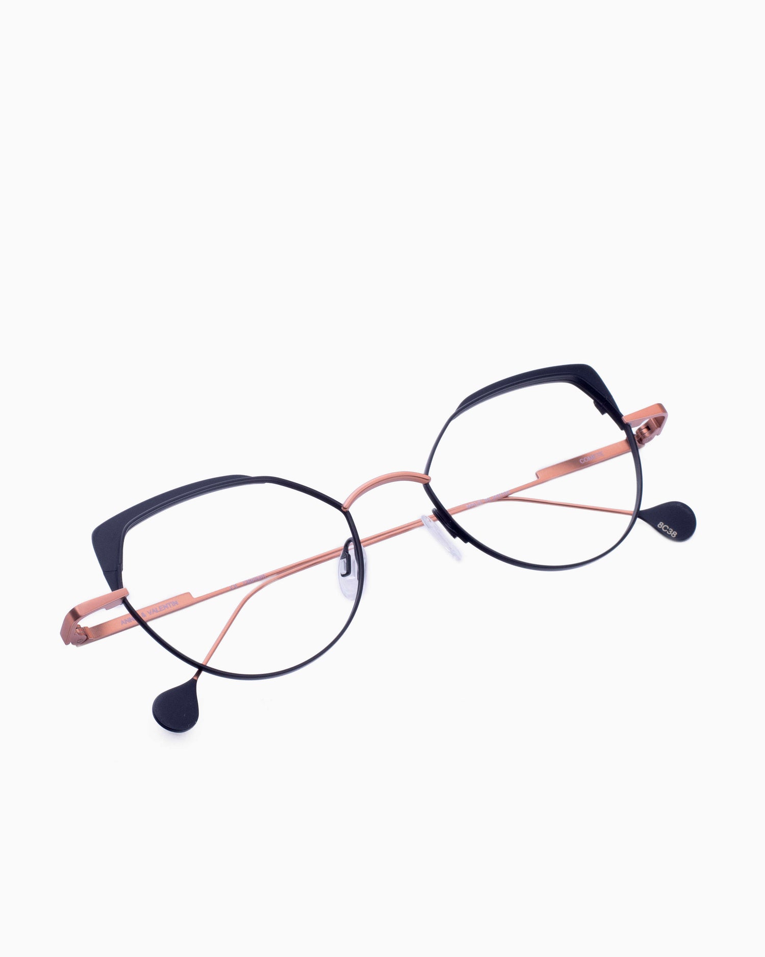black metal butterfly eyeglasses by Anne et Valentin model Comete, front view, lunettes de vue Noir papillon