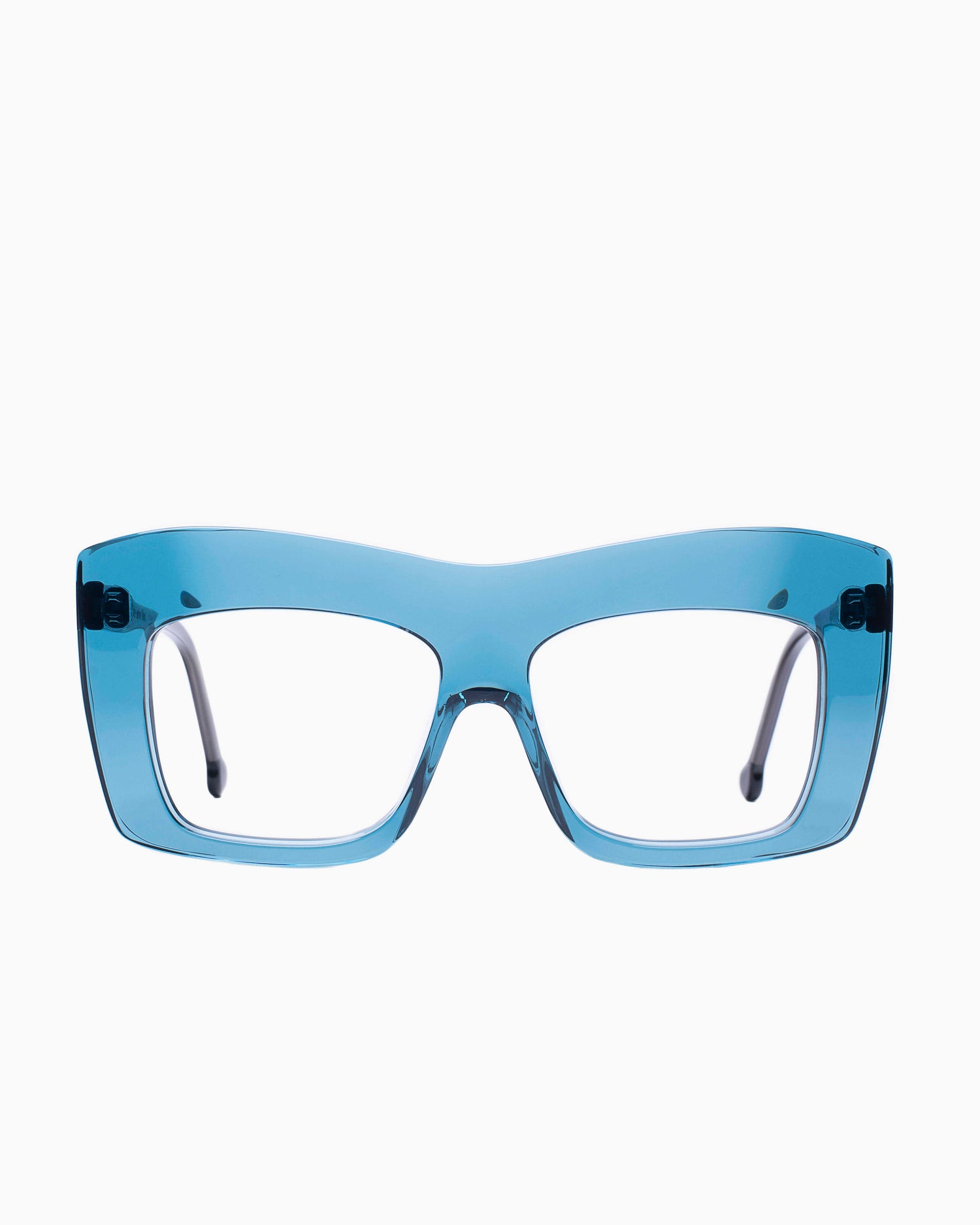 blue plastic rectangle eyeglasses by Marie-Sophie Dion model Arseneau, front view, lunettes de vue Bleu rectangle