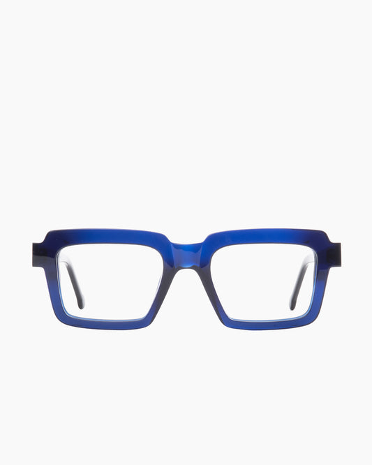 blue plastic rectangle eyeglasses by Marie-Sophie Dion model Flemming, front view, lunettes de vue rectangle couleur bleu