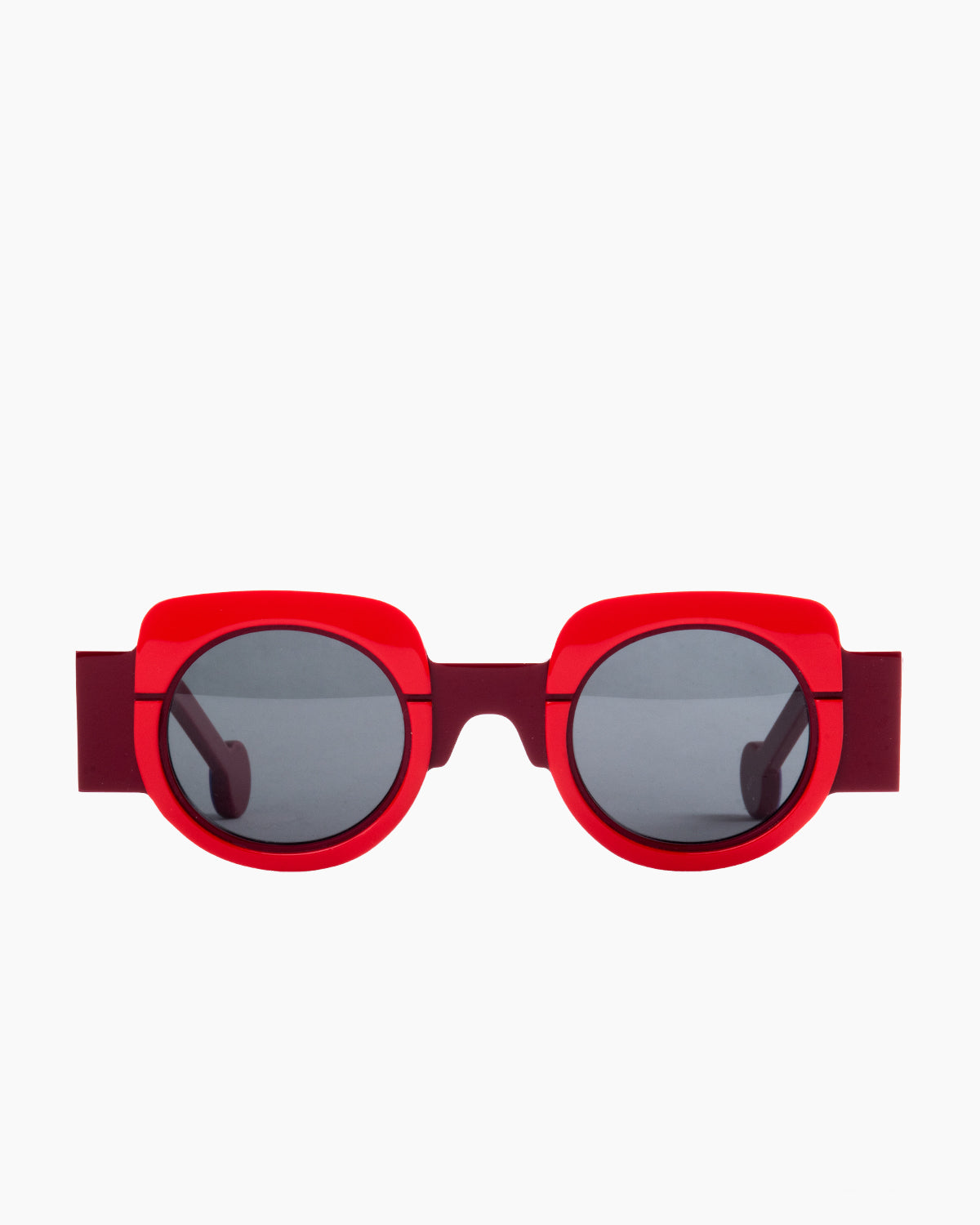 red plastic round  sunglassesby Anne et Valentin model Lala1, front view, lunettes de vue rond couleur rouge