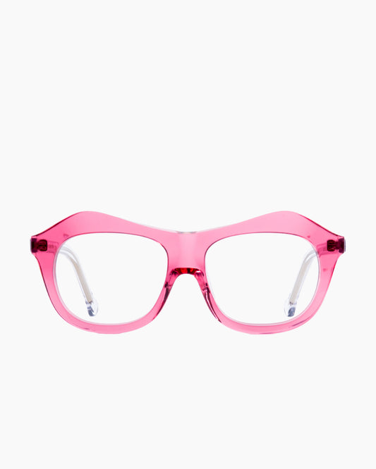 pink plastic aviator eyeglasses by Marie-Sophie Dion model Archambault, front view, lunettes de vue aviateur couleur rose