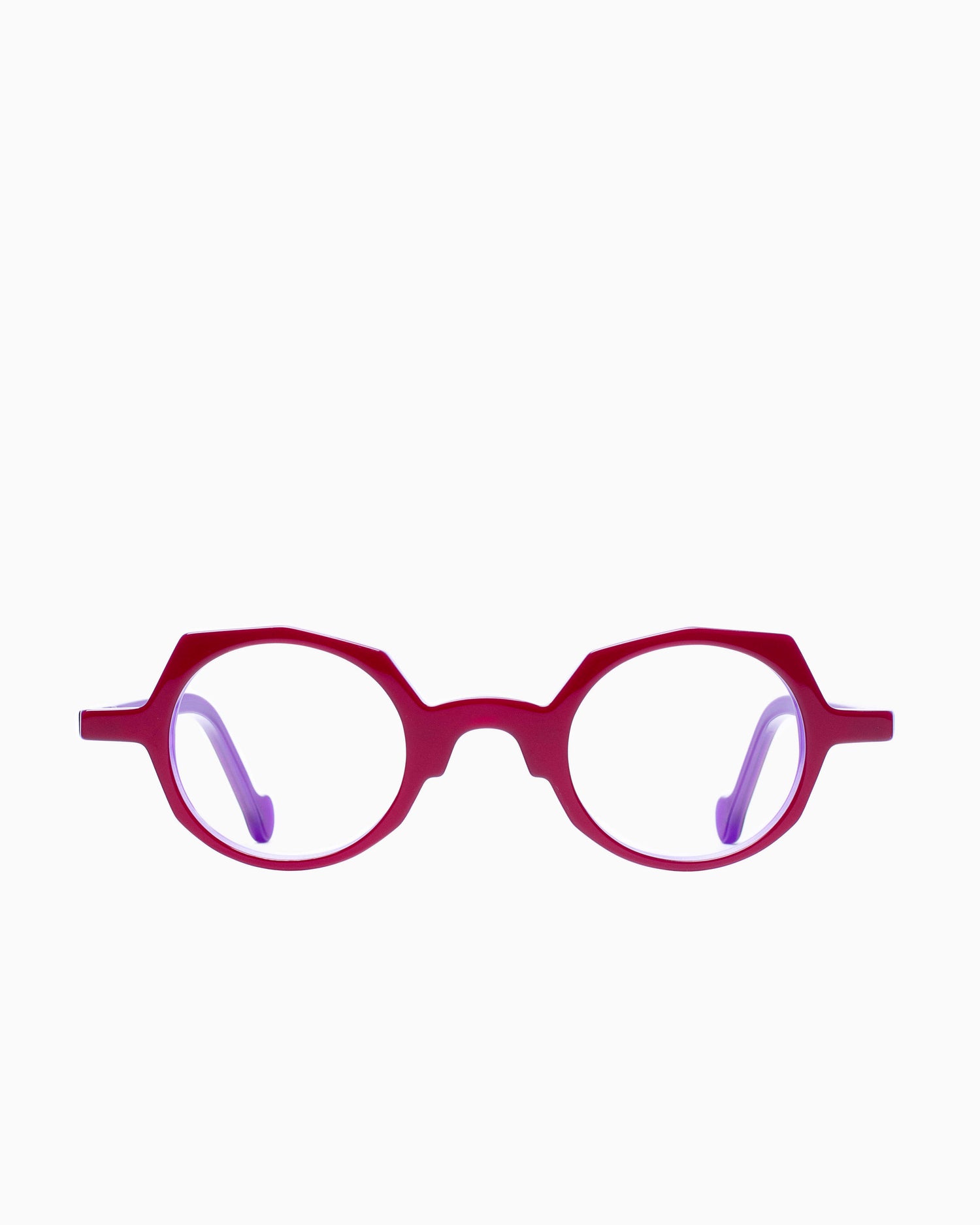 red plastic round eyeglasses by Anne et Valentin model Aloe, front view, lunettes de vue Rouge rond
