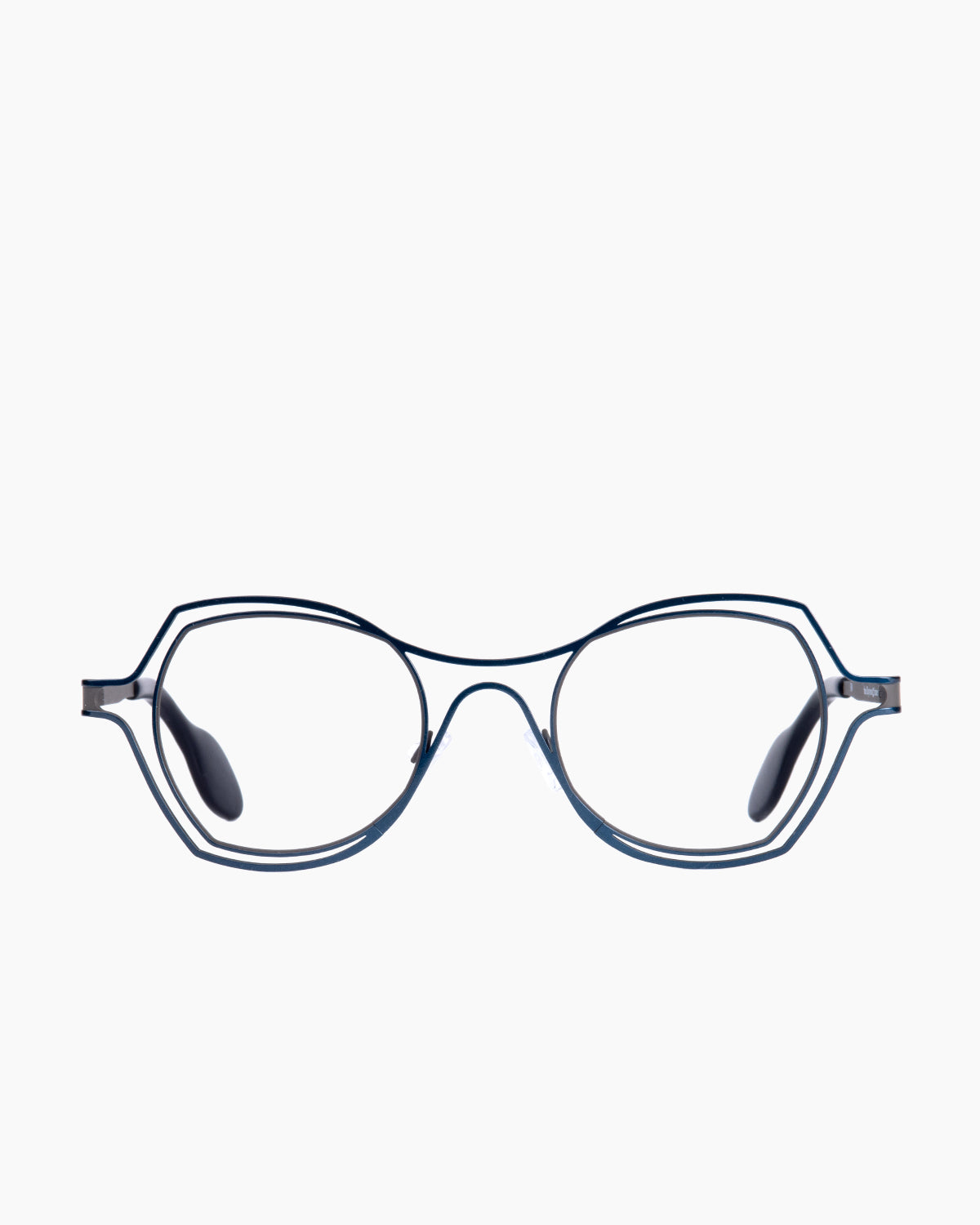 turquoise metal butterfly eyeglasses by Theo model DAYTONA, front view, lunettes de vue papillon couleur turquoise