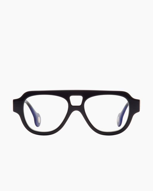 black plastic aviator eyeglasses by Spectacleeyeworks model Sage, front view, lunettes de vue aviateur couleur noir