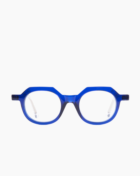 blue plastic round eyeglasses by Marie-Sophie Dion model Larouche, front view, lunettes de vue rond couleur Bleu