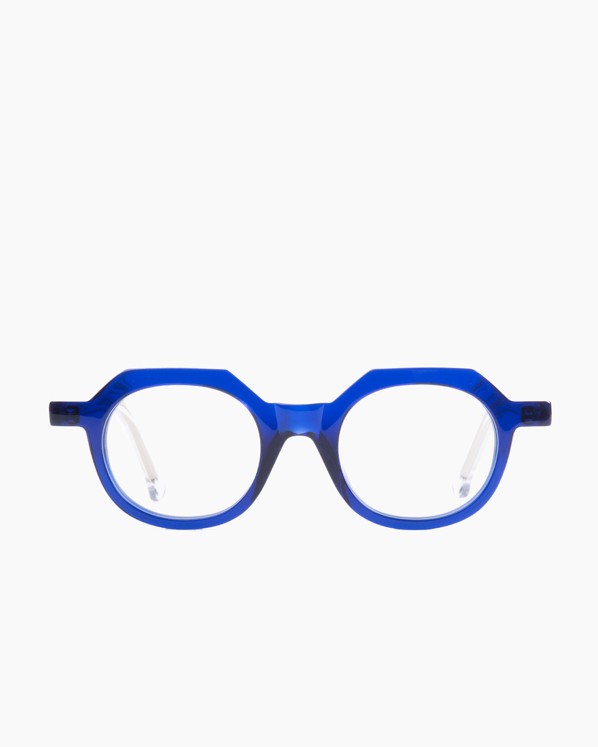 blue plastic round eyeglasses by Marie-Sophie Dion model Larouche, front view, lunettes de vue rond couleur Bleu
