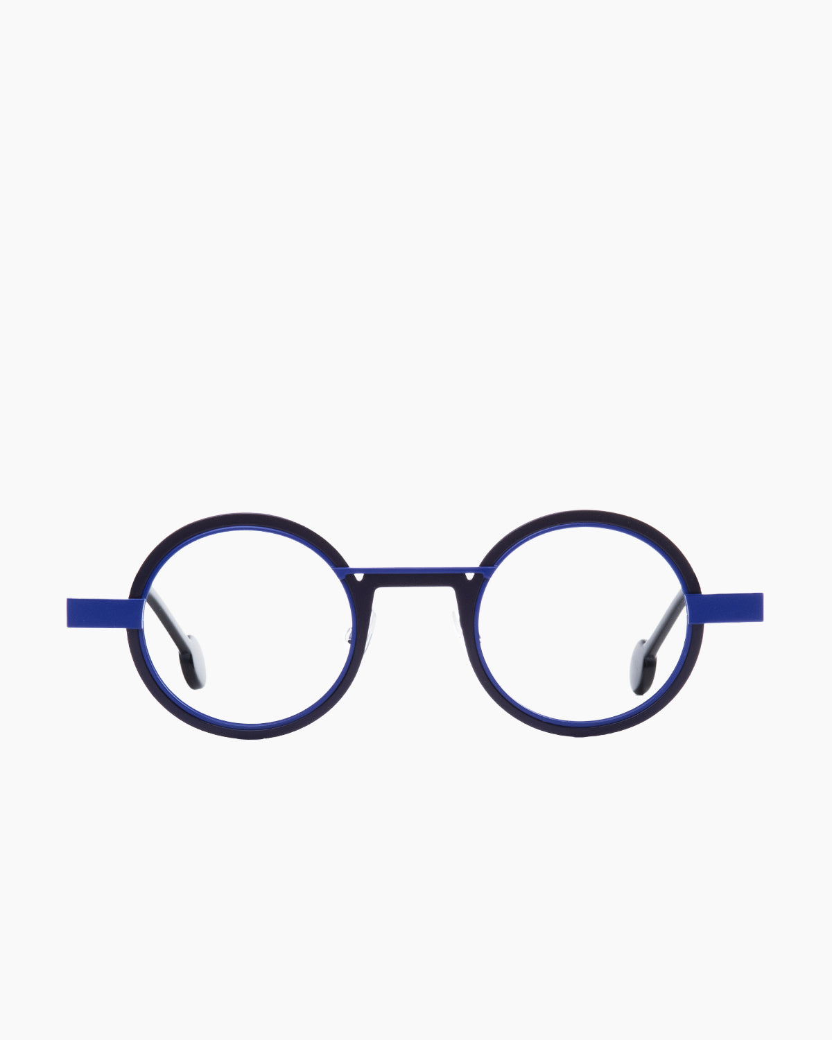 blue metal round eyeglasses by Anne et Valentin model wellok, front view, lunettes de vue rond couleur bleu