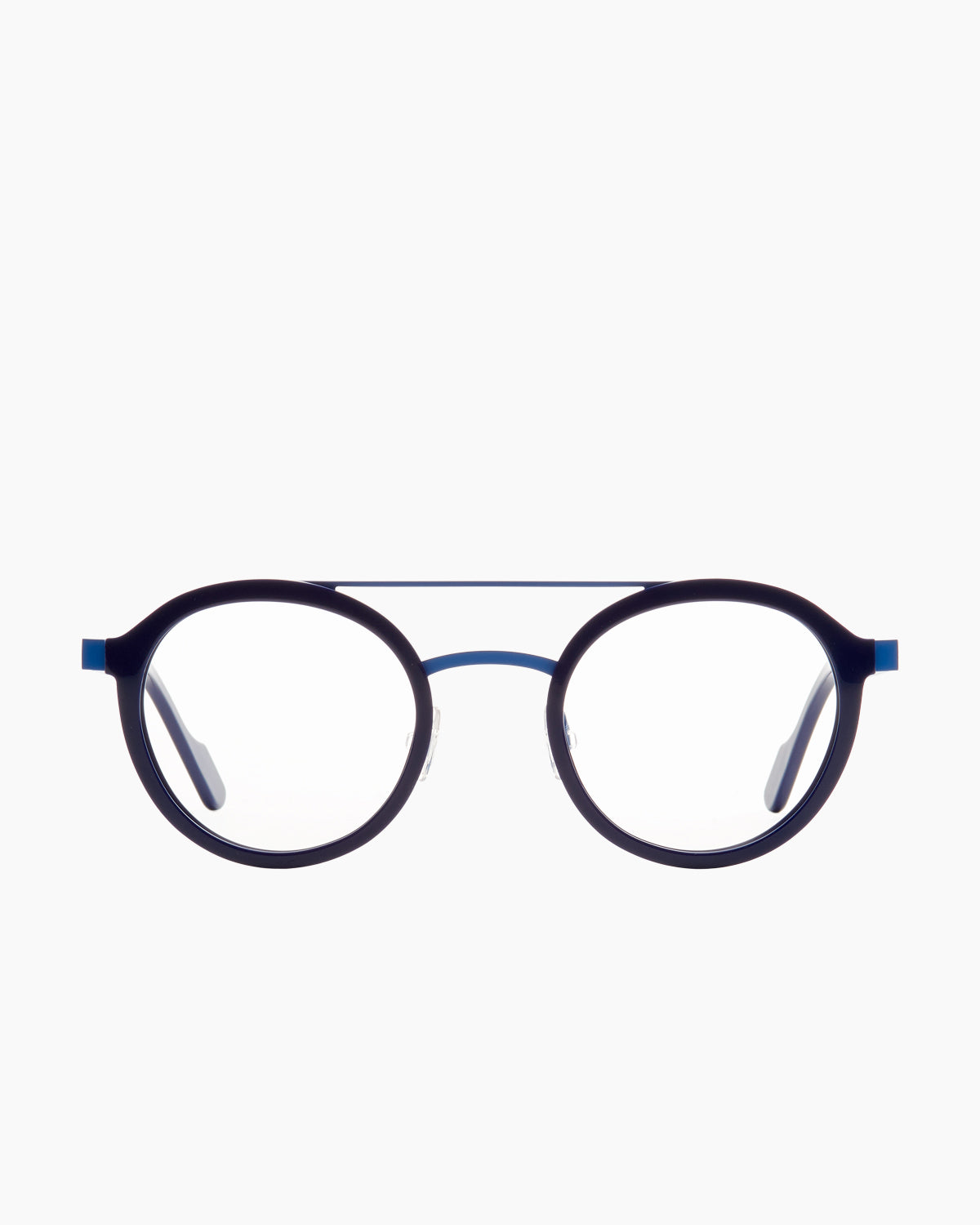 blue metal round eyeglasses by Anne et Valentin model Folamour, front view, lunettes de vue bleu rond