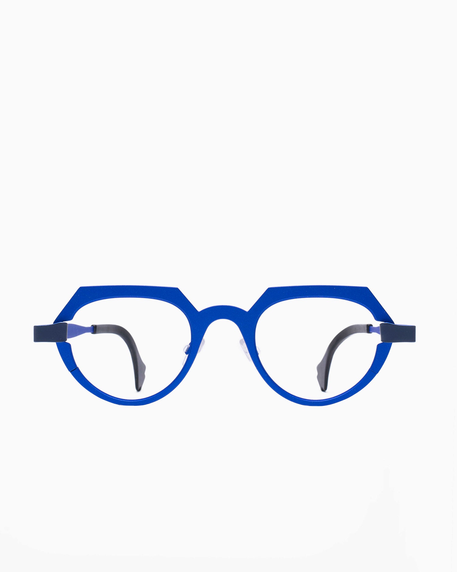blue metal oval eyeglasses by Theo model falte, front view, lunettes de vue ovale couleur Bleu