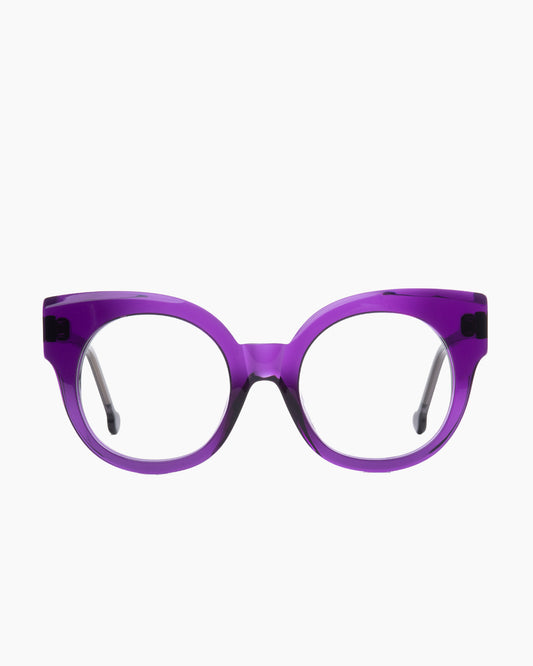 purple plastic round eyeglasses by Marie-Sophie Dion model Brixi, front view, lunettes de vue rond couleur violet