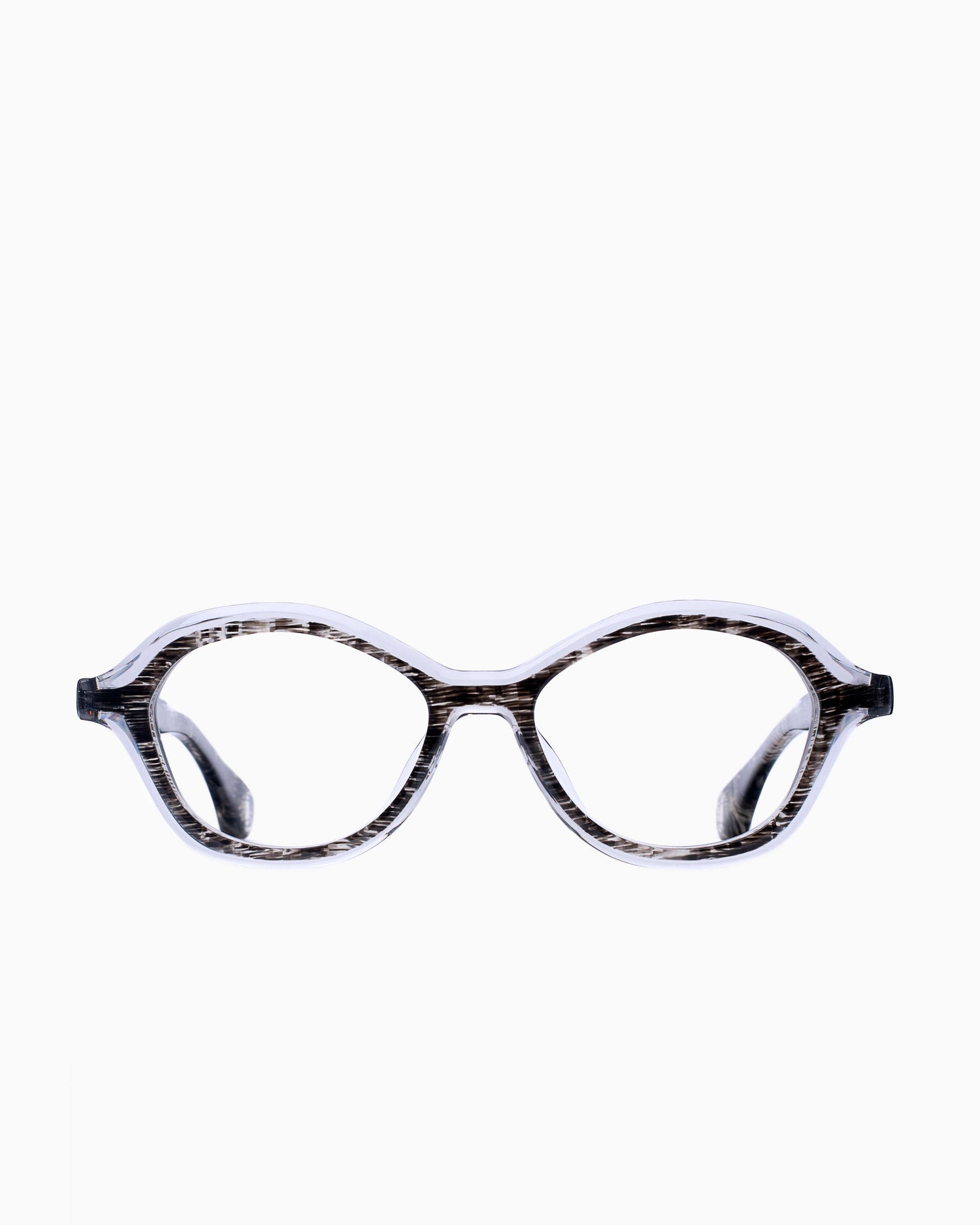 grey plastic butterfly eyeglasses by Blake Kuwahara model Bardi, front view, lunettes de vue Gris papillon