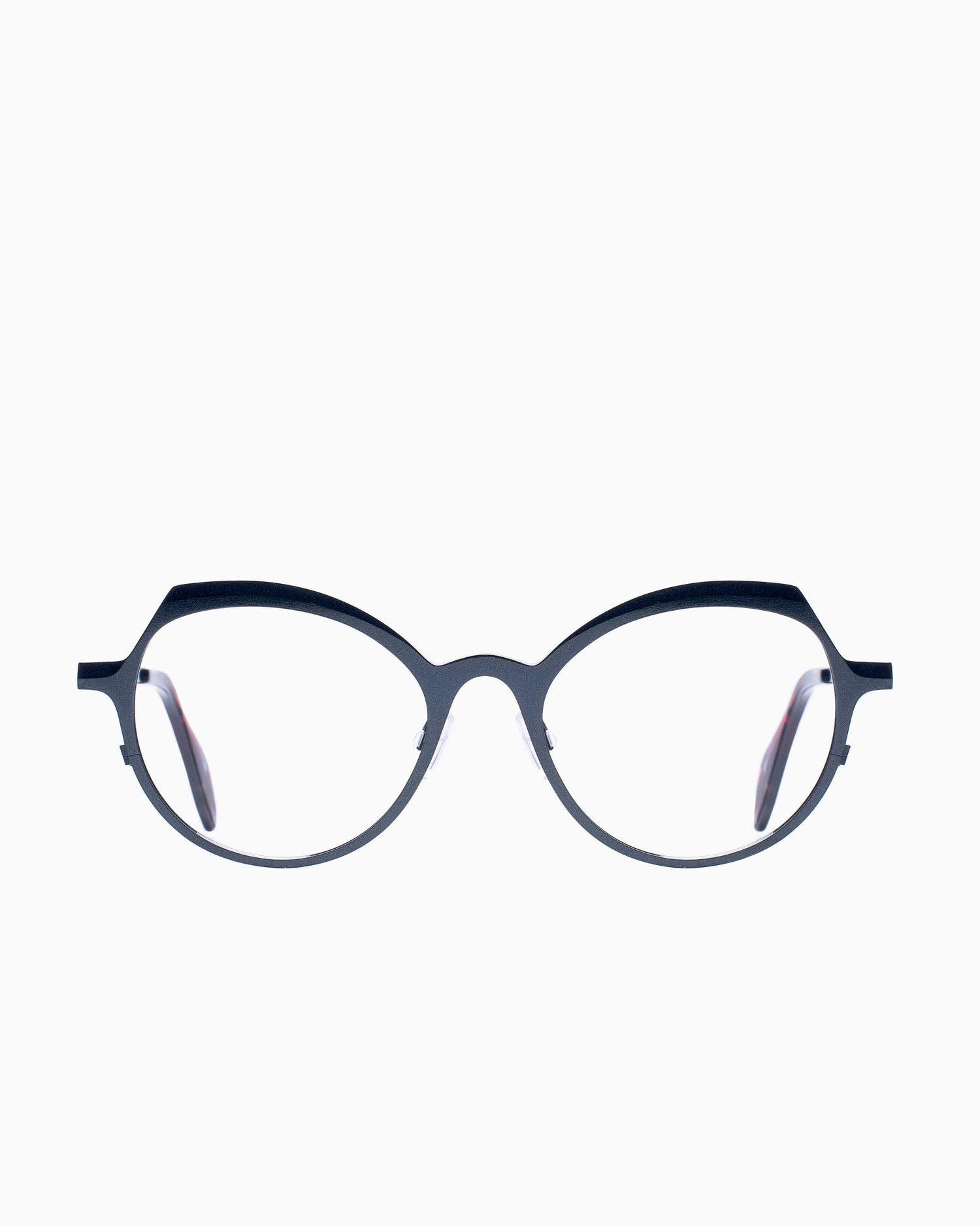 green metal butterfly eyeglasses by Theo model Pendeloque, front view, lunettes de vue Vert papillon