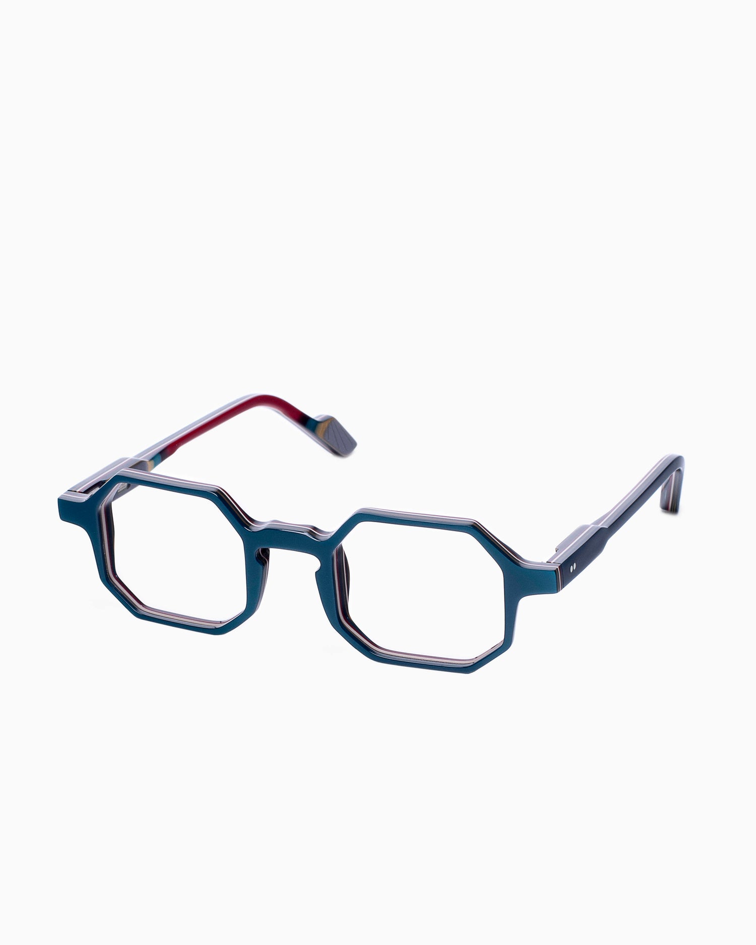 blue plastic octogon eyeglasses by Xavier Derome model Alcohol19, front view, lunettes de vue Bleu 
