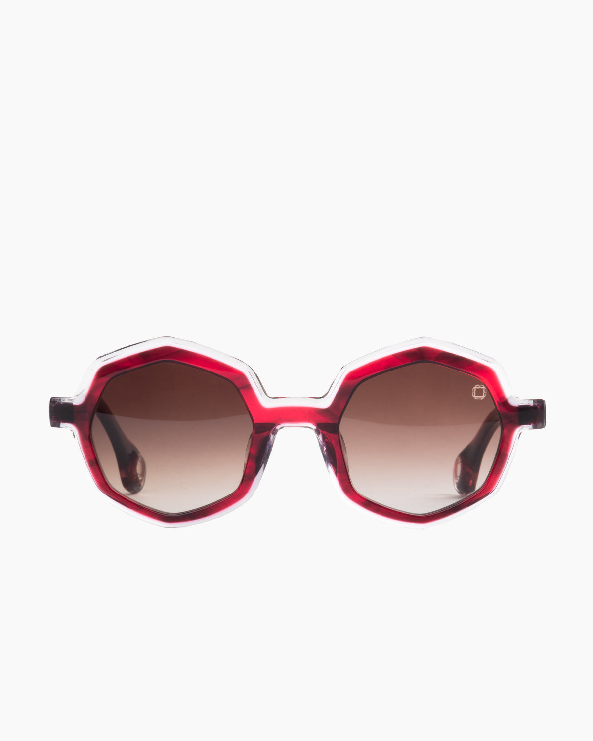 burgundy plastic octogon  sunglassesby Blake Kuwahara model LOOS, front view, lunettes de vue bourgogne octogone