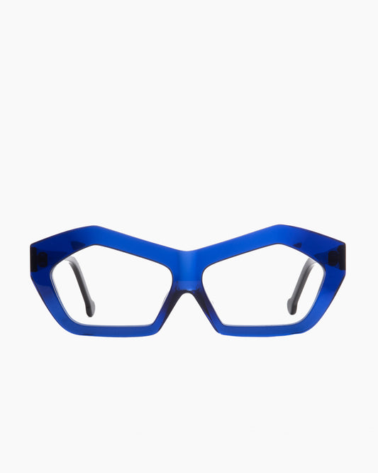 blue plastic cat eyeglasses by Marie-Sophie Dion model Bourgeois, front view, lunettes de vue chat couleur bleu