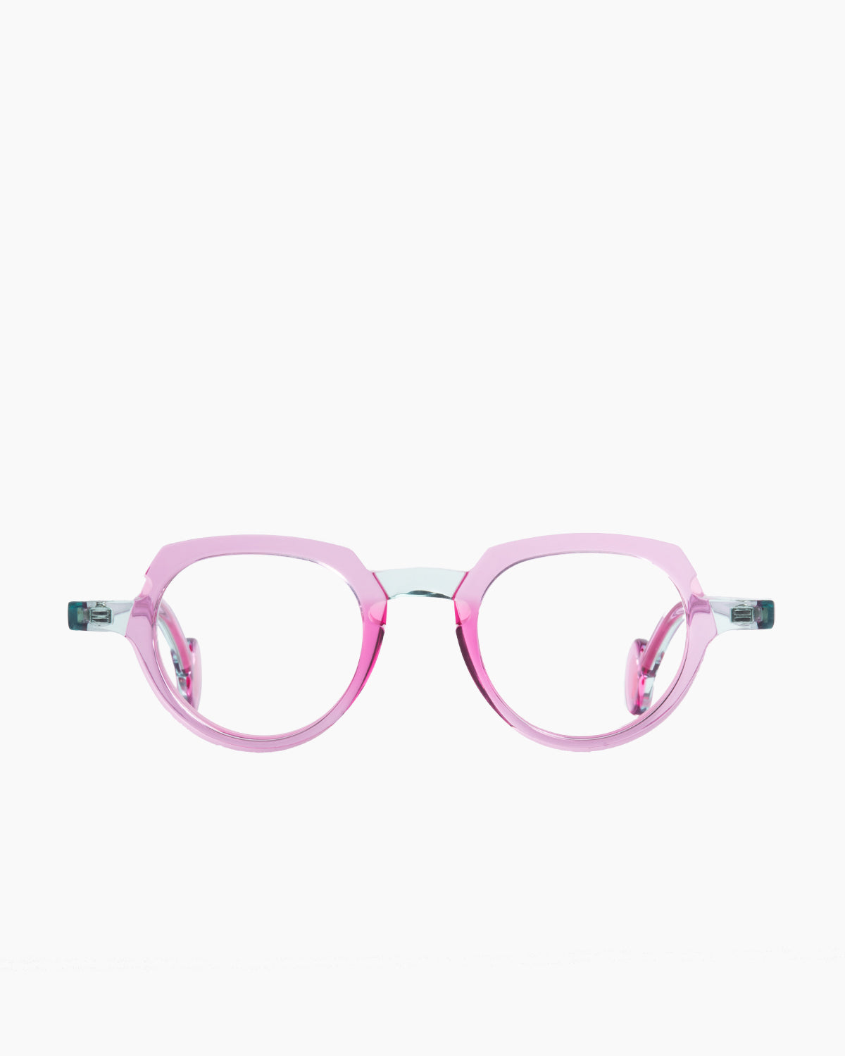 pink plastic oval eyeglasses by Theo model andy, front view, lunettes de vue ovale couleur rose