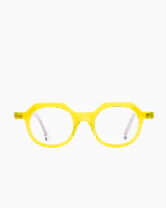 yellow plastic round eyeglasses by Marie-Sophie Dion model Larouche, front view, lunettes de vue rond couleur Jaune