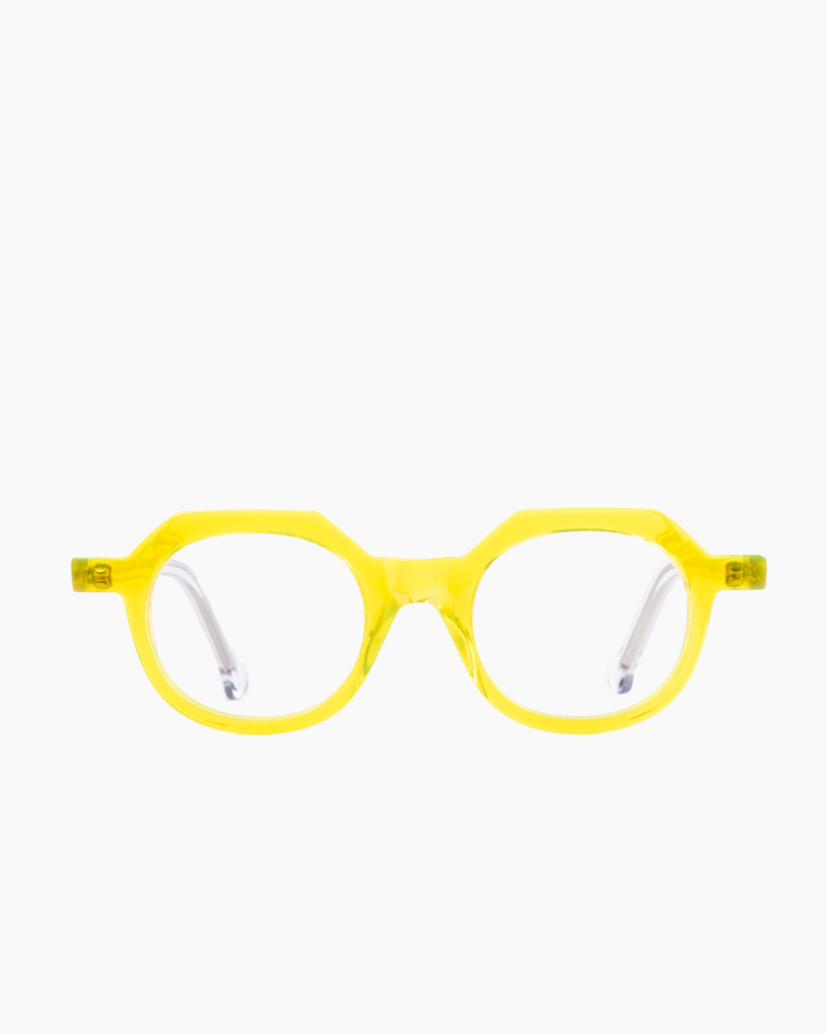 yellow plastic round eyeglasses by Marie-Sophie Dion model Larouche, front view, lunettes de vue rond couleur Jaune