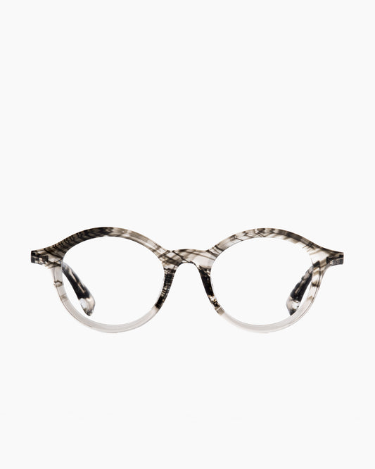 grey plastic round eyeglasses by Theo model dagBreek, front view, lunettes de vue rond couleur gris