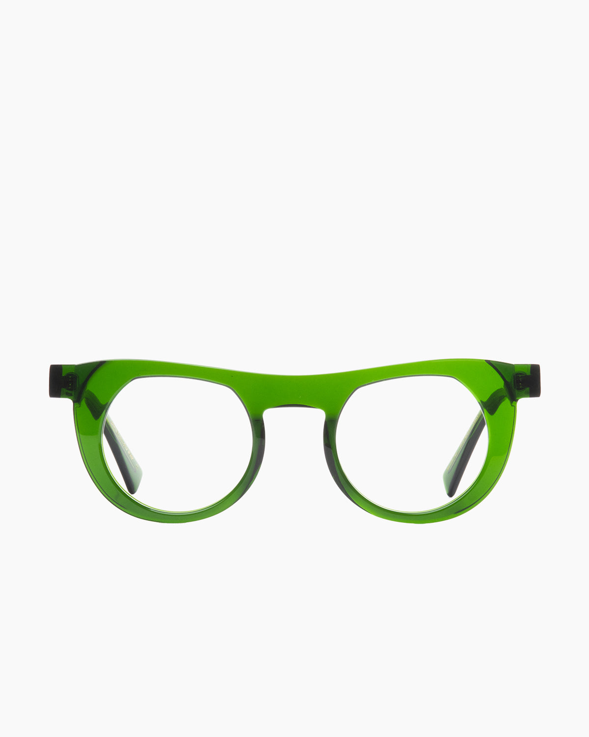 green plastic round eyeglasses by Gamine model Boavista, front view, lunettes de vue rond couleur vert