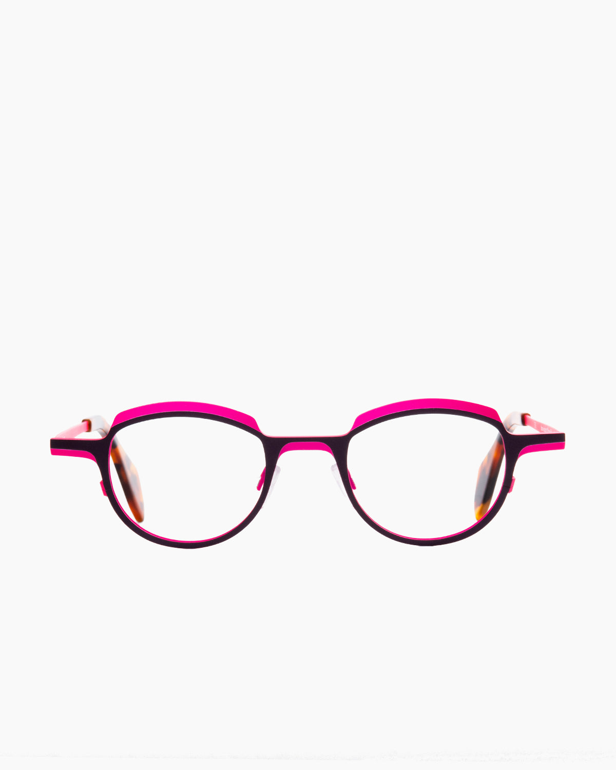 pink metal oval eyeglasses by Theo model asscher, front view, lunettes de vue rose ovale