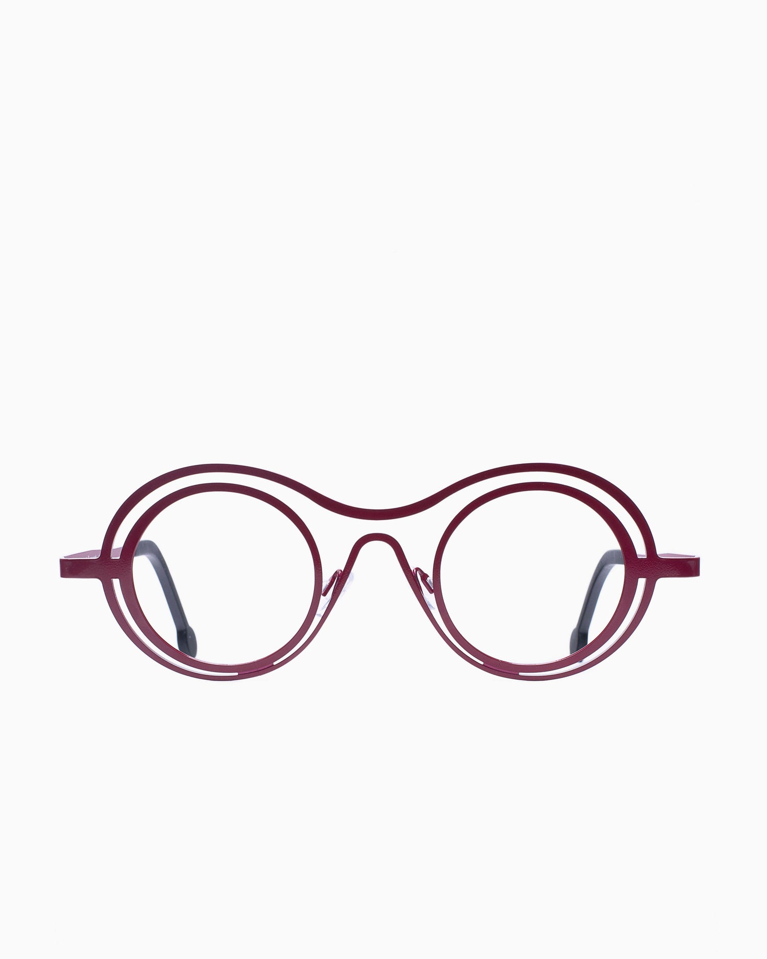 red metal round eyeglasses by Theo model Conversation, front view, lunettes de vue Rouge rond