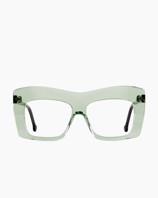 green plastic rectangle eyeglasses by Marie-Sophie Dion model Arseneau, front view, lunettes de vue rectangle couleur Vert