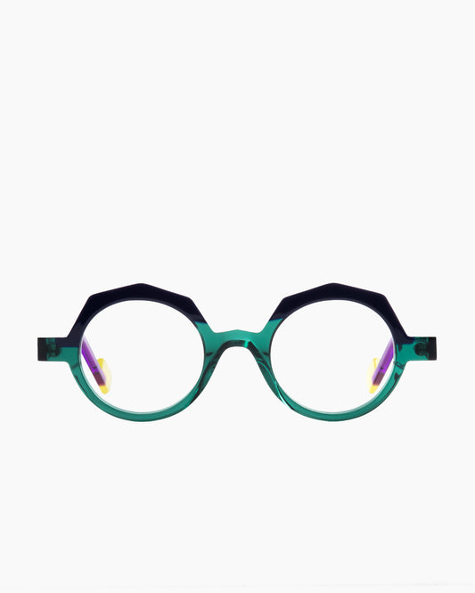 green plastic octogon eyeglasses by Anne et Valentin model LOCK, front view, lunettes de vue octogone couleur vert