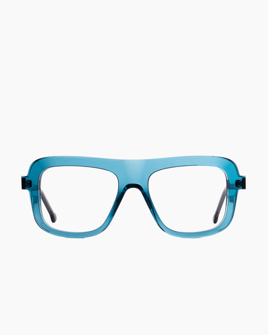 blue plastic aviator eyeglasses by Marie-Sophie Dion model Serge, front view, lunettes de vue aviateur couleur bleu