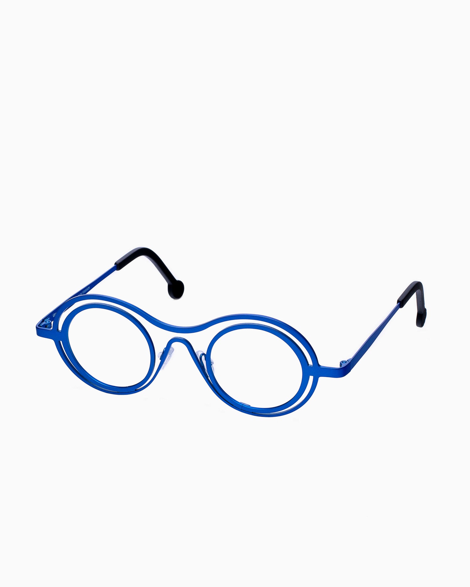 blue metal round eyeglasses by Theo model Conversation, front view, lunettes de vue rond couleur Bleu