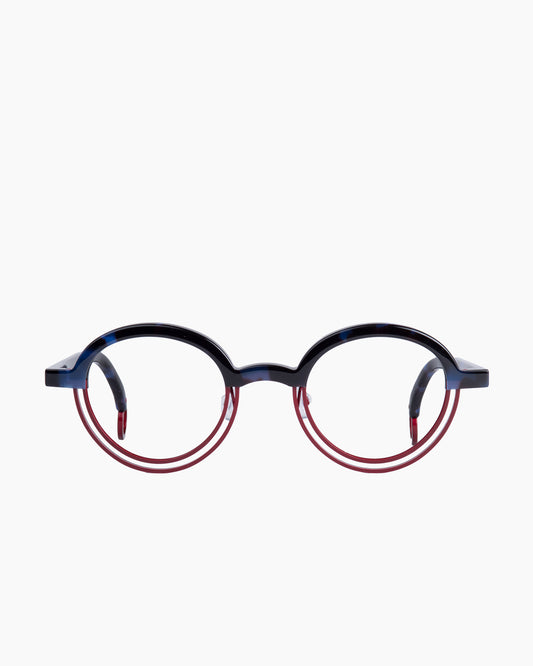 burgundy metal round eyeglasses by Theo model BUMPER, front view, lunettes de vue rond couleur bourgogne