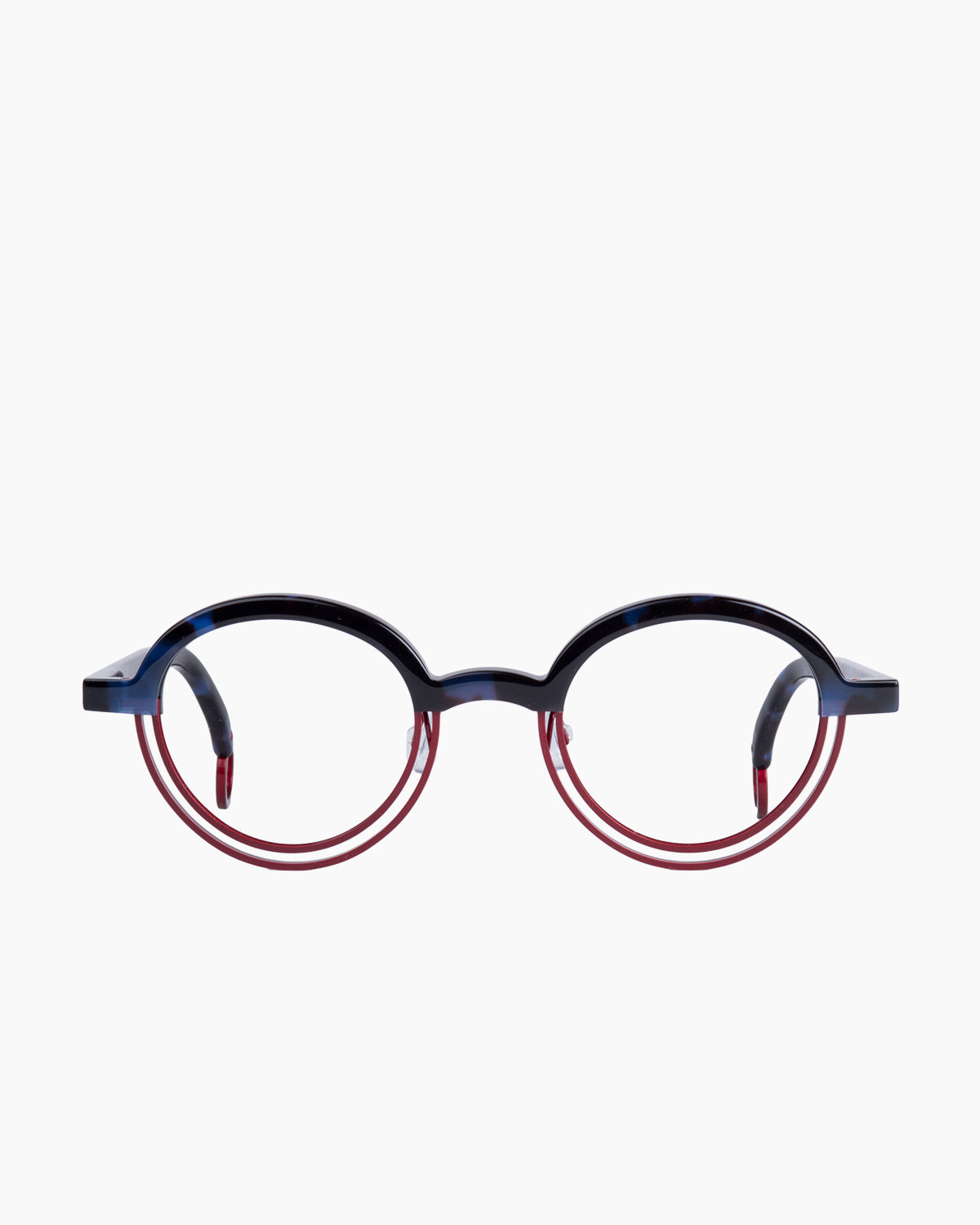 burgundy metal round eyeglasses by Theo model BUMPER, front view, lunettes de vue bourgogne rond